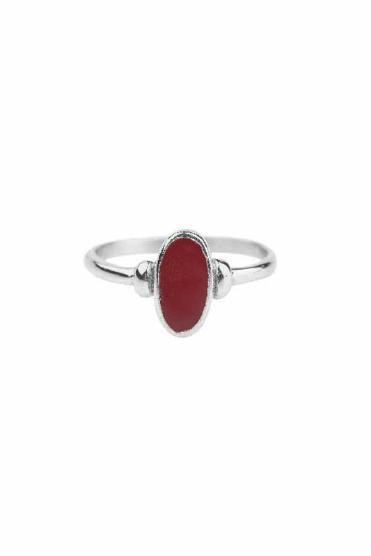 Silver oval dark red resin ring