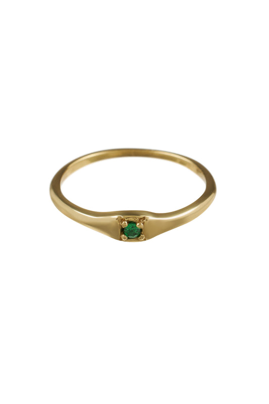 Brass square ring tiny green stone