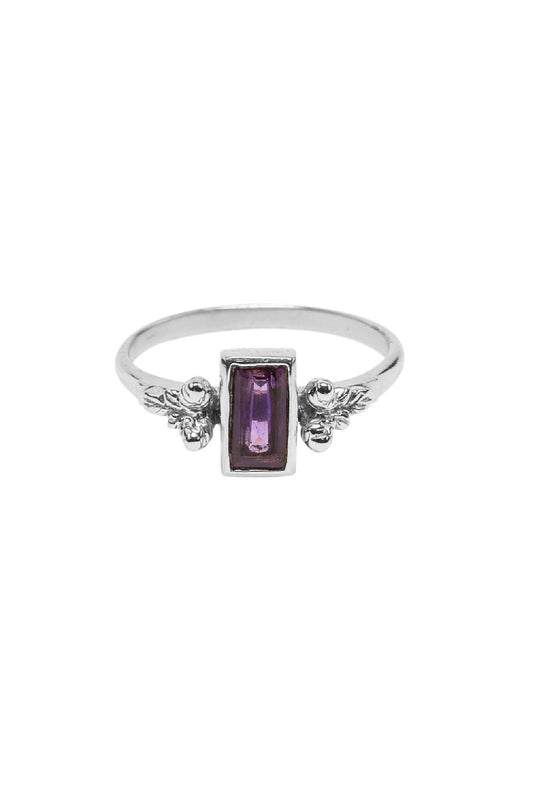 Silver purple rectangle leaf ring