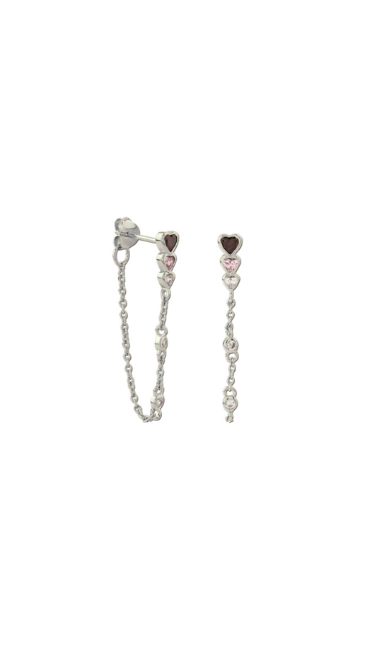 Silver multi heart chain earring