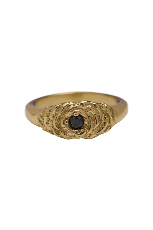 Brass vintage rose ring with black stone,