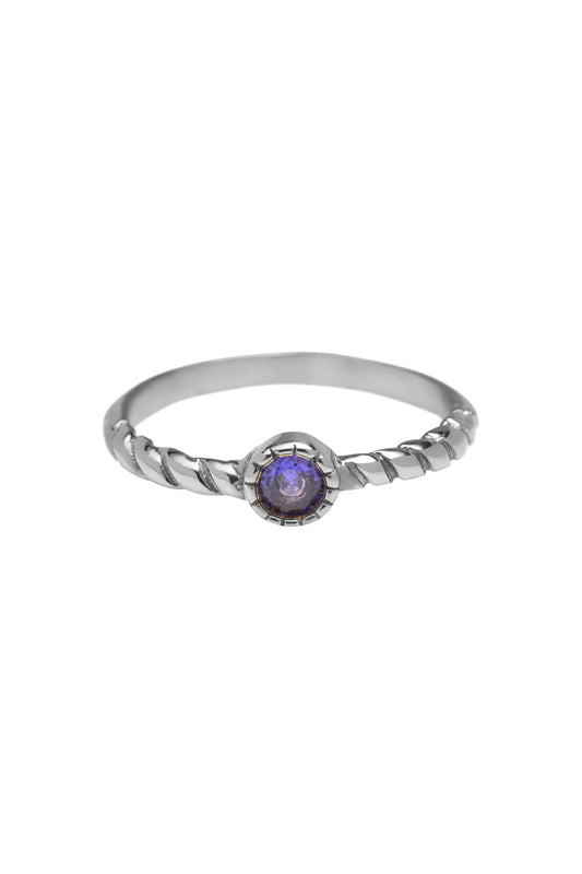 Silver tiny twisted purple round ring