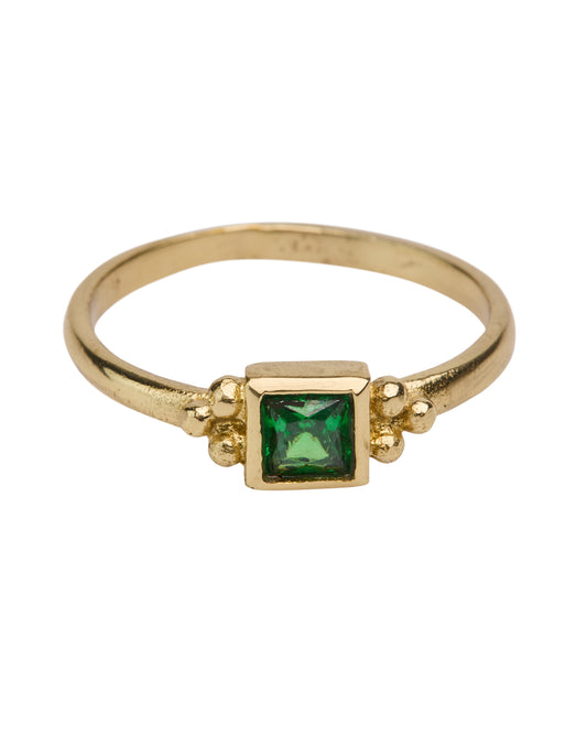 Brass square triple dot green stone