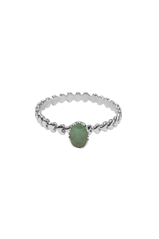 Silver oval green stone tiny heart band