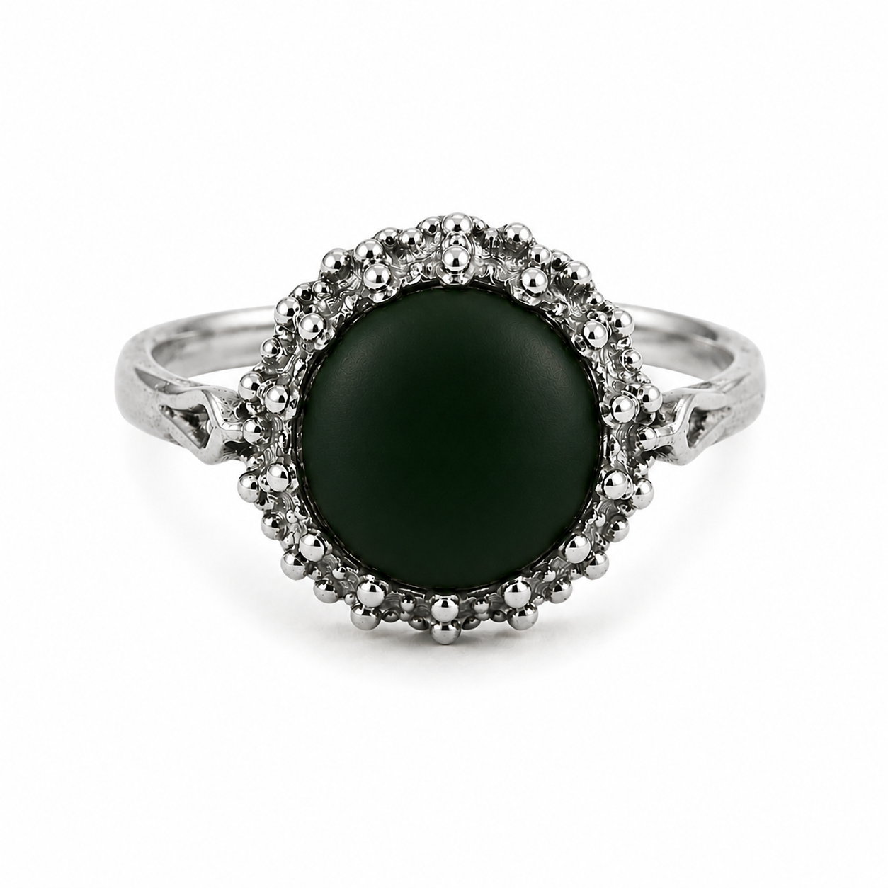 Silver dark green resin dot ring,