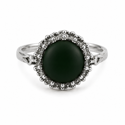 Silver dark green resin dot ring,