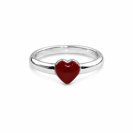 Silver dark red resin heart ring
