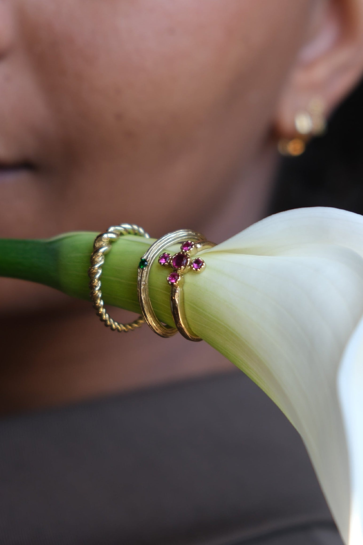 Brass ruby flower ring