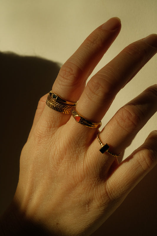 Brass square ring tiny green stone