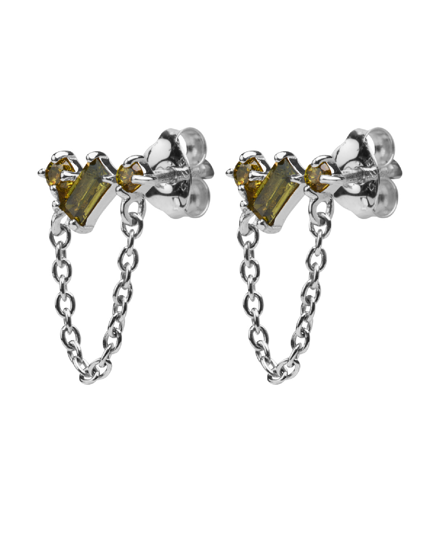 Silver rectangle peridot chain earring