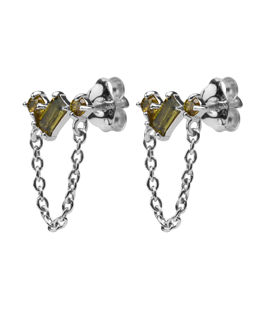 Silver rectangle peridot chain earring
