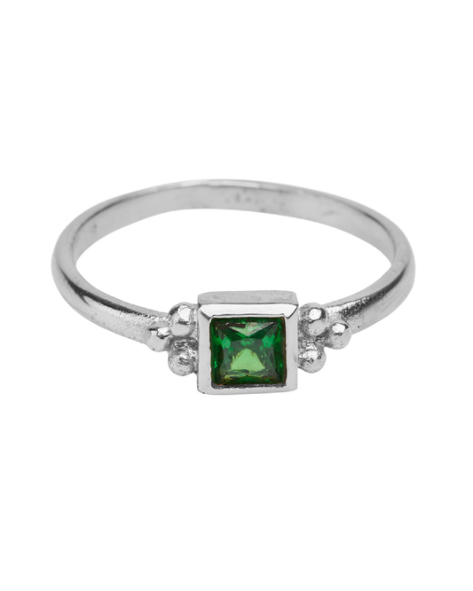 Silver square triple dot green stone
