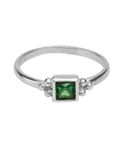 Silver square triple dot green stone
