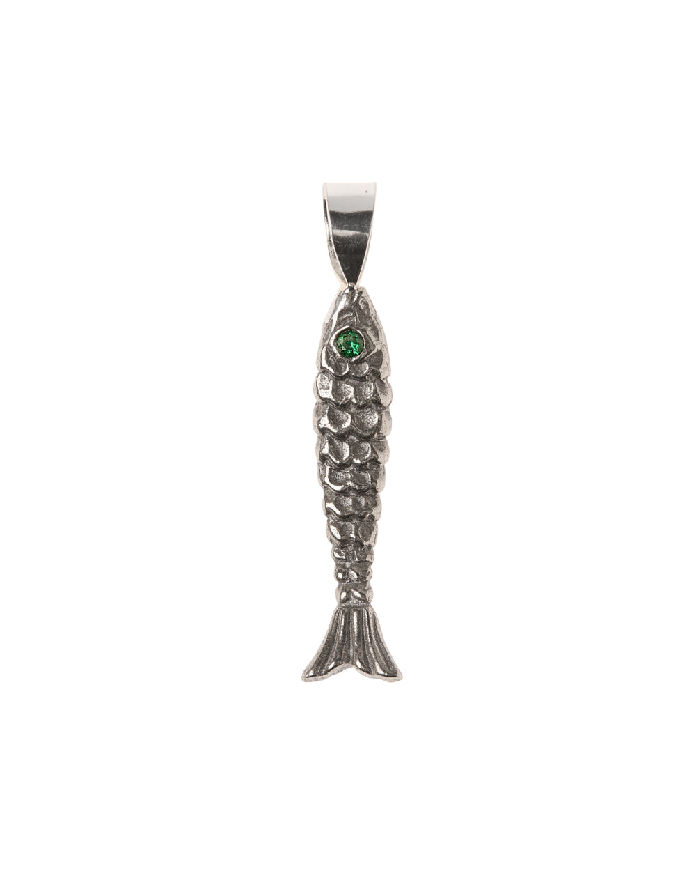 Fish pendant green stone white brass