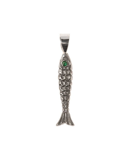 Fish pendant green stone white brass