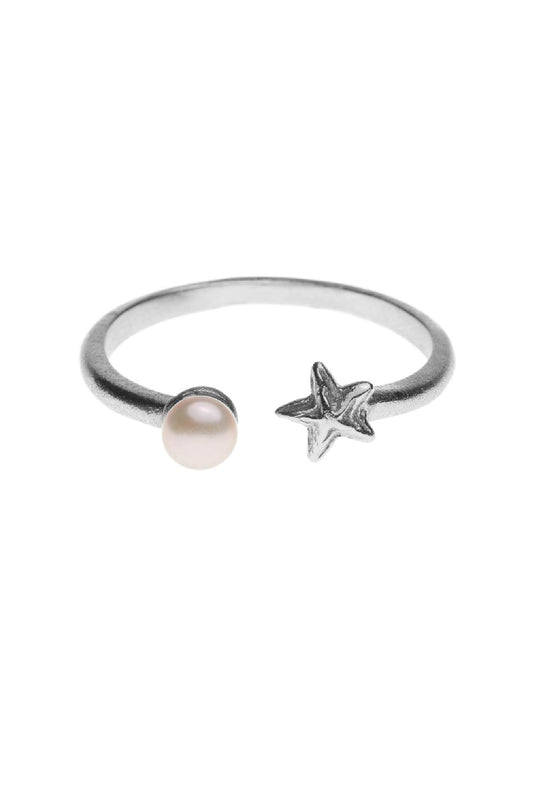 Silver pearl star fish ring