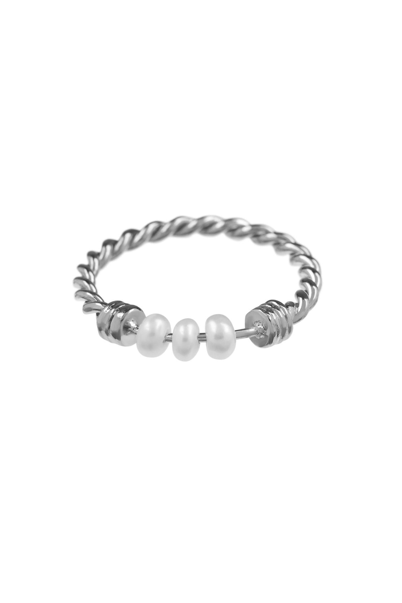 Silver triple tiny pearl wire ring