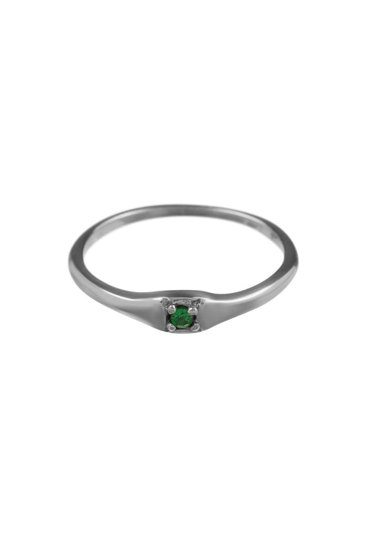 Silver square ring tiny green stone