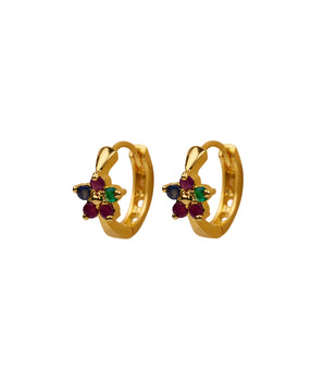 Oorbellen -Little flower 3 stones hoop - 22K Gold