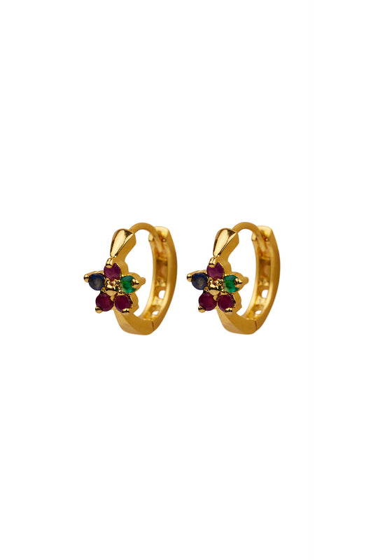 Oorbellen -Little flower 3 stones hoop - 22K Gold