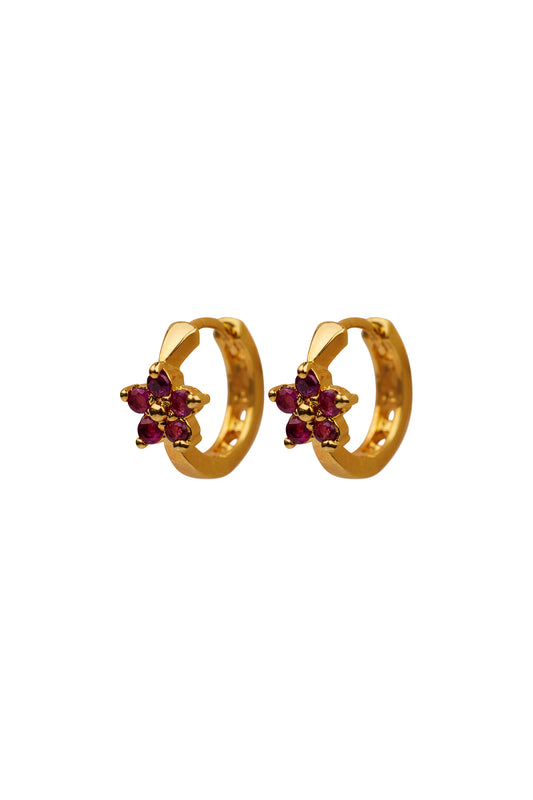 Oorbellen -Little flower ruby hoop earring - 22K Gold